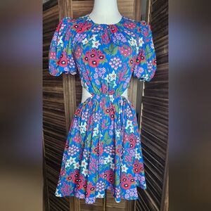 AMUR Blue Floral Puff Sleeve Cutout Mini Dress Size 00 Summer Party Wedding